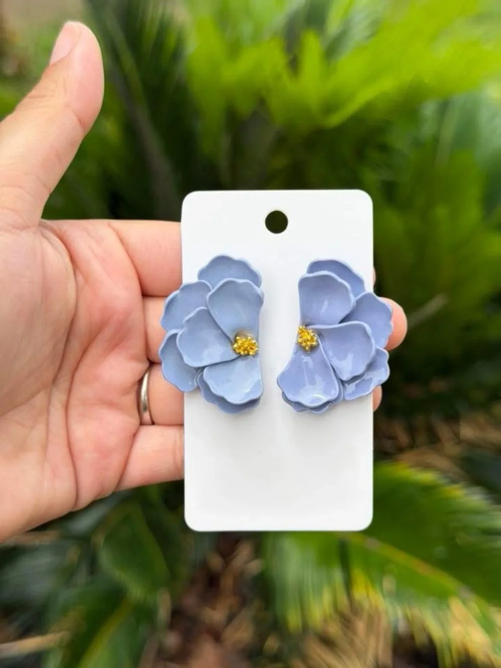 Handmade Light Blue Floral Stud Earrings with Gold Center